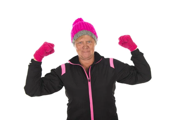 Old Fit Sporty Healthy Winter Woman Isolated White Background — Stock Photo, Image