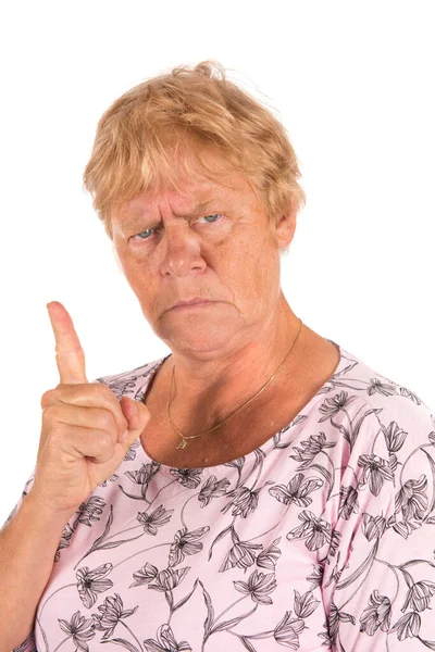 Molto Arrabbiato Donna Anziana Con Dito Isolato Sfondo Bianco — Foto Stock