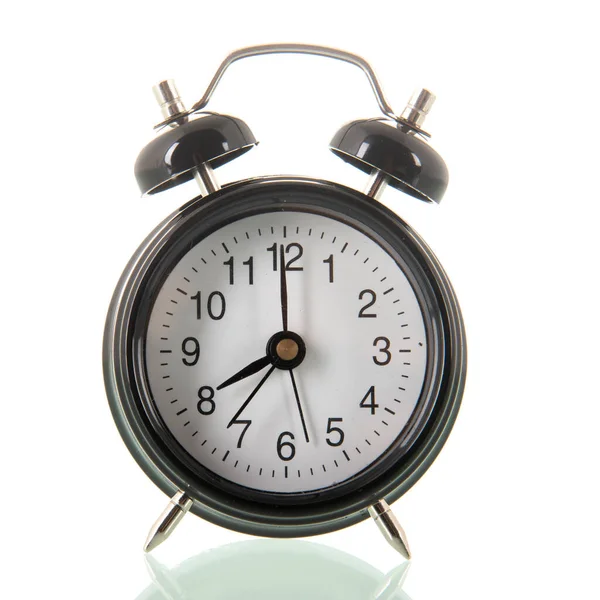 Relógio Alarme Preto Oito Isolado Sobre Fundo Branco — Fotografia de Stock