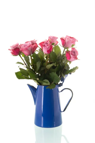蓝色复古咖啡壶中的芬芳粉红玫瑰 与白色背景隔离 — 图库照片