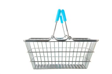Empty metal shopping cart with blue handles