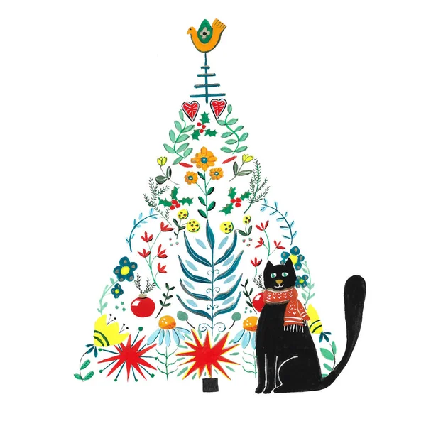 Ručně Malované Lidové Umění Vánoční Kočka Izolované Přes Bílé Pozadí — Stock fotografie