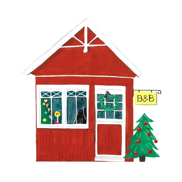 Casa Minúscula Pintada Mão Durante Natal Isolada Sobre Fundo Branco — Fotografia de Stock