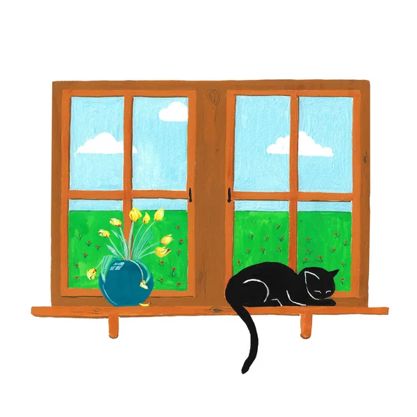 Ručně Malované Černá Kočka Spí Okně — Stock fotografie