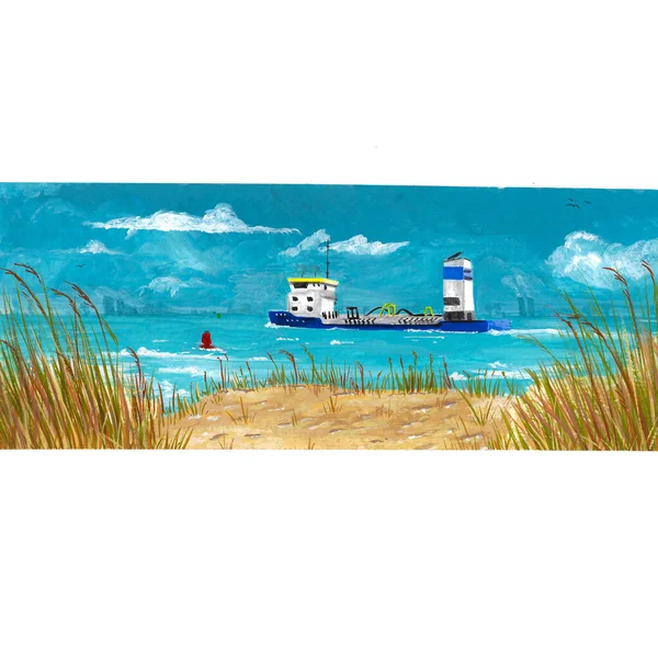 stock image Painting of a cargo transport ship near the coast at sea 