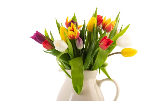 Tulipani Bouquet Colorati Vaso Bianco Isolato Sfondo Bianco — Foto Stock