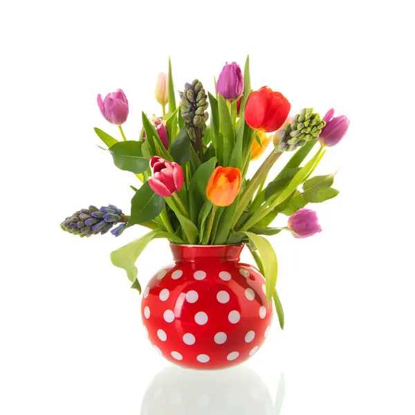 Bouquet Tulipes Jacinthes Dans Vase Isolé Sur Fond Blanc Image En Vente
