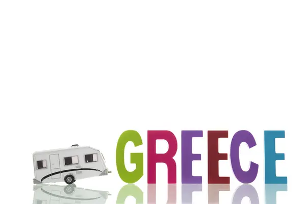 Texto Grecia Coche Camping Aislado Sobre Fondo Blanco Imágenes de stock libres de derechos