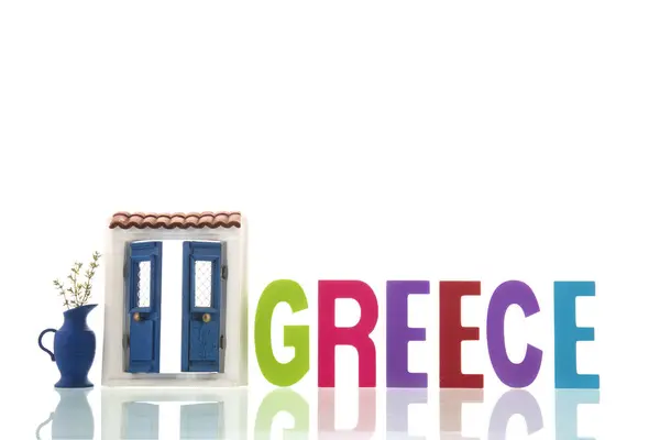 Типові Грецькі Двері Рослинний Горщик Синьому Кольорі Ізольовані Білому Тлі Ліцензійні Стокові Зображення