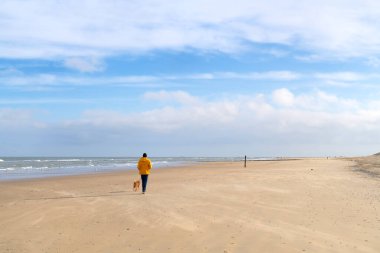 Köpeği boş sahilde gezdiriyorum.