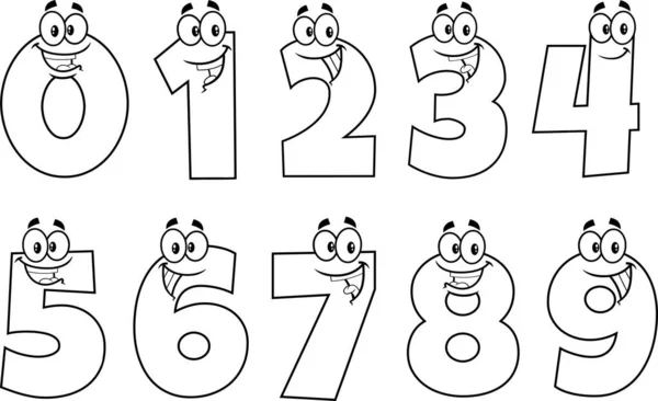 Outlined Funny Number Cartoon Characters Different Poses Vector Hand Drawn — Stock Vector