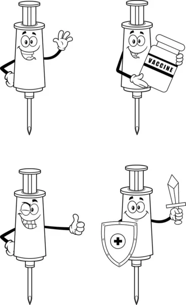 Jeringas Esbozadas Carácter Vacuna Dibujos Animados Diferentes Posturas Vector Mano — Vector de stock