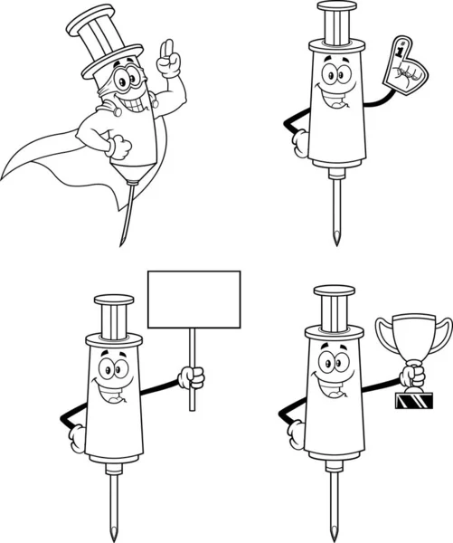 概要注射器は 異なる位置にワクチン漫画のキャラクター 透明背景に分離されたベクトルハンドドローコレクションセット — ストックベクタ