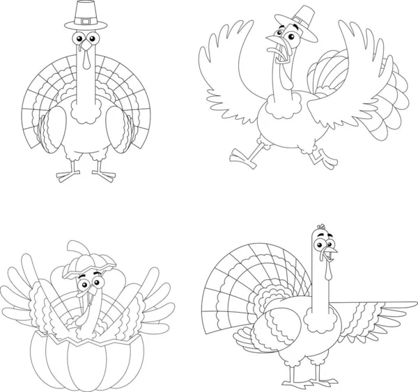 Outlined Turkey Cartoon Characters Different Poses Vector Hand Drawn Collection — Stock Vector