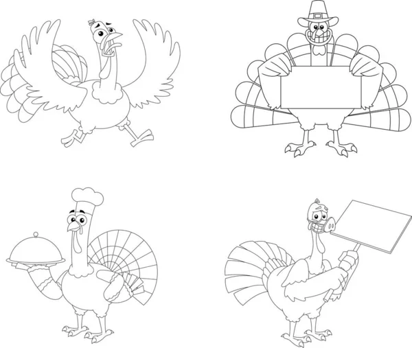Umrissene Türkei Karikaturen Unterschiedlichen Posen Vector Hand Drawn Collection Set — Stockvektor