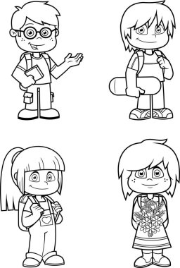 Okullu çocuğun farklı pozlardaki çizgi karakterleri özetlendi. Raster Hand Koleksiyon Seti Beyaz Arkaplanda İzole Edildi