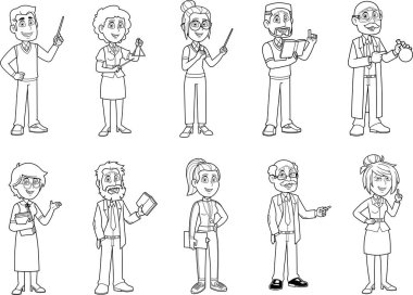 Öğretmenlerin çizgi filmlerinin ana hatları farklı pozlarda. Raster Hand Koleksiyon Seti Beyaz Arkaplanda İzole Edildi