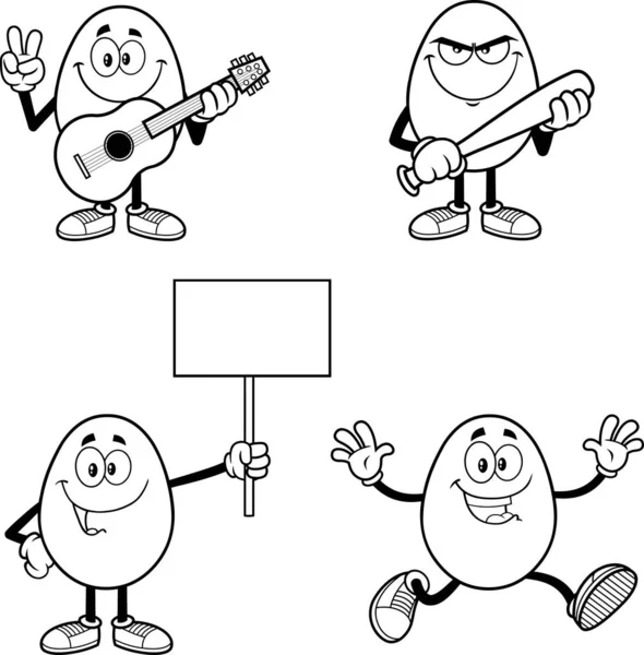 Outlined Easter Eggs Cartoon Mascot Character Different Poses Raster Hand — Stock Vector