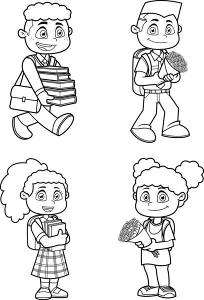 Caracteres Dibujos Animados Niños Escuela Delineados Diferentes Posturas Raster Mano — Vector de stock