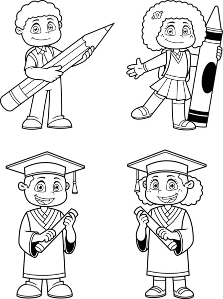 Caracteres Dibujos Animados Niños Escuela Delineados Diferentes Posturas Raster Mano — Vector de stock