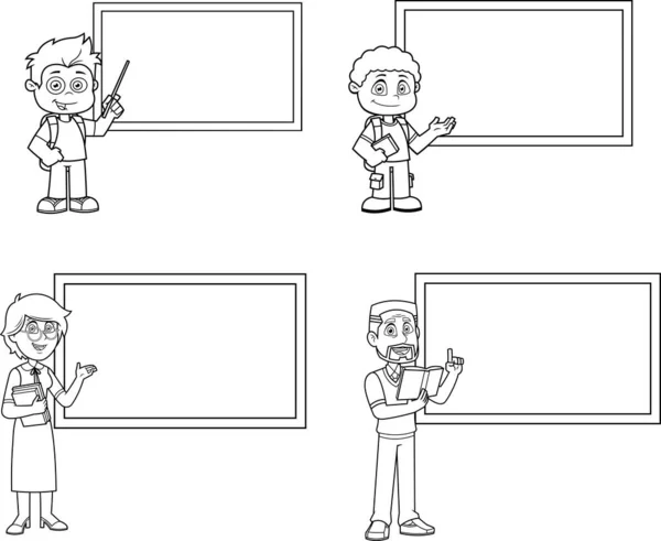 外行的学童和不同背景的教师卡通人物 在白色背景下隔离的光栅手绘集合 — 图库矢量图片