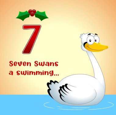 Noel 'in 12 Günü - 7. Gün - 7 Kuğu Yüzüyor. Arkaplan ve Metinli Vektör El Çizimi