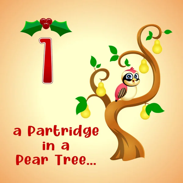 12日間のクリスマス Day 梨の木のパートリッジ 背景とテキストでベクトルハンドドローイラスト — ストックベクタ