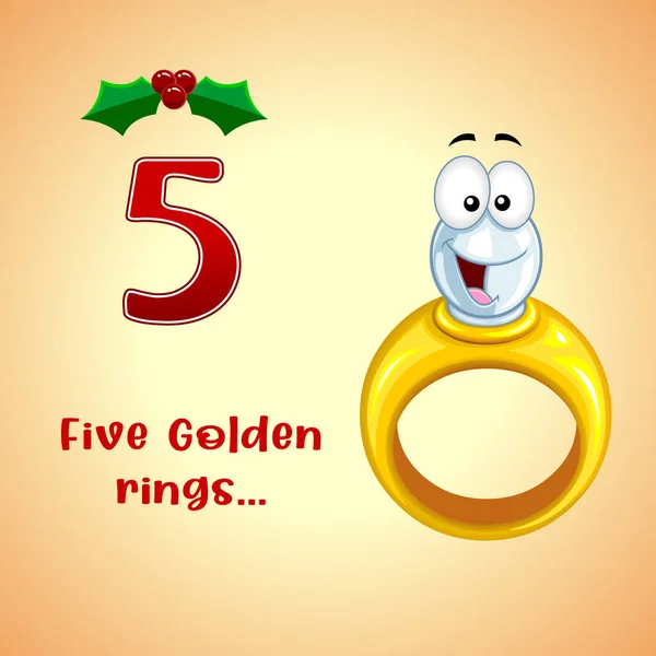12日間のクリスマス 5Th日 5つのゴールドリング 背景とテキストでベクトルハンドドローイラスト — ストックベクタ