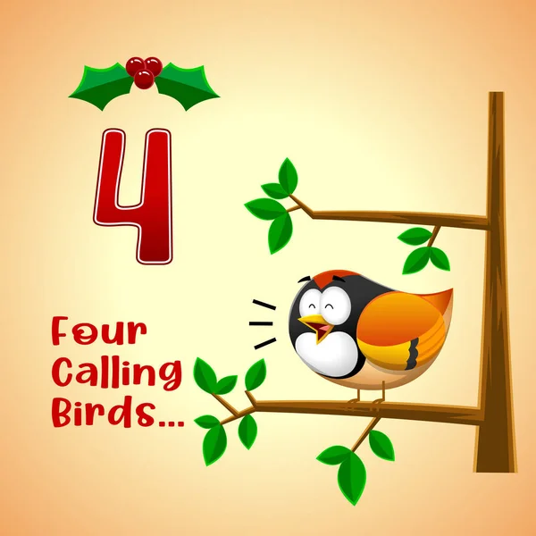 12日間のクリスマス Day 4羽の鳥を呼ぶ 背景とテキストでベクトルハンドドローイラスト — ストックベクタ