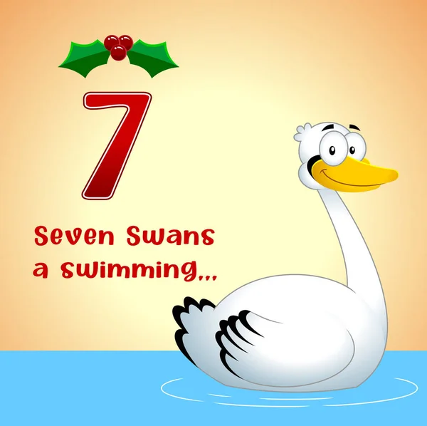 圣诞节的12天 7只天鹅在游泳 带有背景和文本的矢量手绘图解 — 图库矢量图片