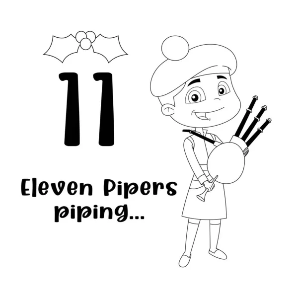 Dni Bożego Narodzenia 11Th Day Jedenaście Pipers Piping Wektor Ręcznie — Wektor stockowy