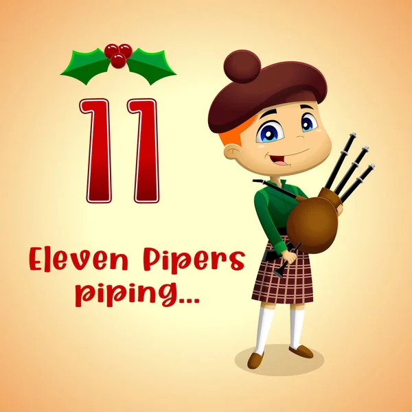 Dagen Van Kerstmis 11Th Day Elf Pipers Piping Vector Hand — Stockvector