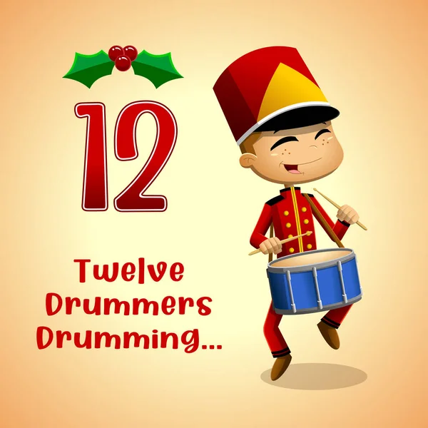 Dagen Van Kerstmis 12Th Day Twaalf Drummers Drummen Vector Hand — Stockvector