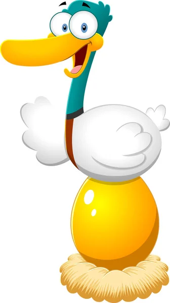 Carino Cartone Animato Illustrazione Divertente Bianco Oca Uccello Uovo Oro — Vettoriale Stock