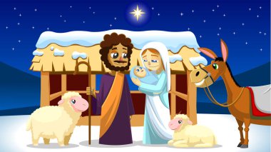 Küçük İsa 'nın bebeğinin renkli çizimleri, Mary ve Joseph. tarihsel Noel