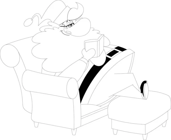 圣诞老人坐在沙发上看书的卡通画 — 图库矢量图片