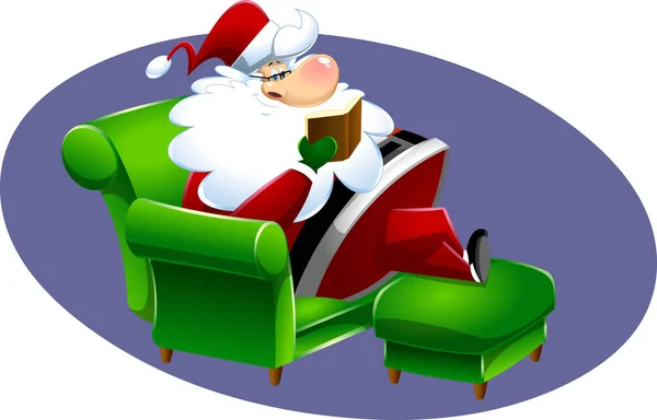 Bunte Cartoon Illustration Des Weihnachtsmannes Sofa Sitzend Mit Buch — Stockvektor