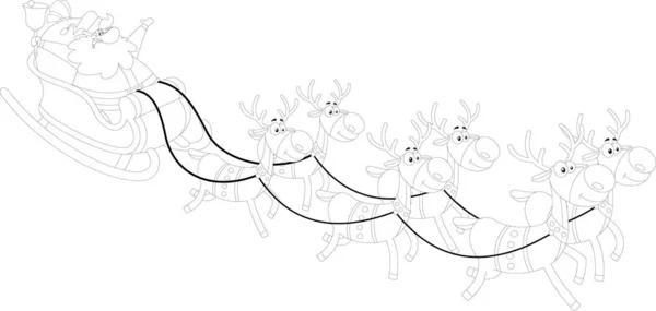 Noel Baba Nın Siyah Beyaz Geyik Hayvanlarıyla Kızak Çekerken Karikatür — Stok Vektör