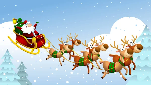 Ilustración Dibujos Animados Santa Claus Trineo Con Animales Venado Volando — Vector de stock