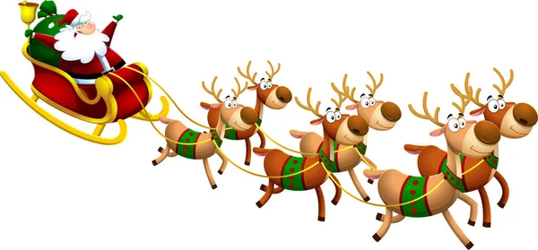 多彩的卡通画圣诞老人与鹿群在一起 — 图库矢量图片