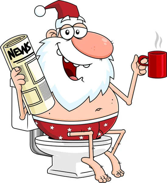 Stock vector cartoon illustration of Santa Claus in WC with hot coffee and newspaper magazine 