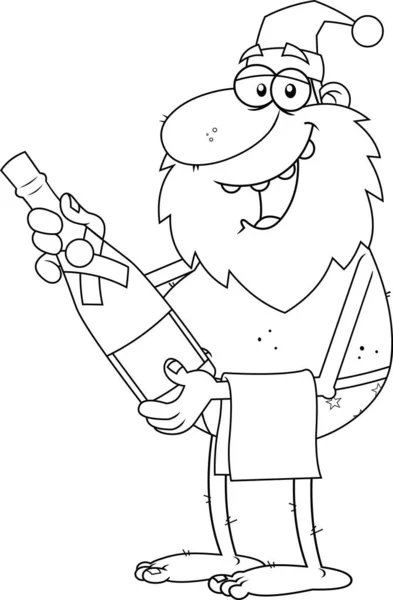 Tecknad Illustration Jultomten Med Champagne Flaska — Stock vektor