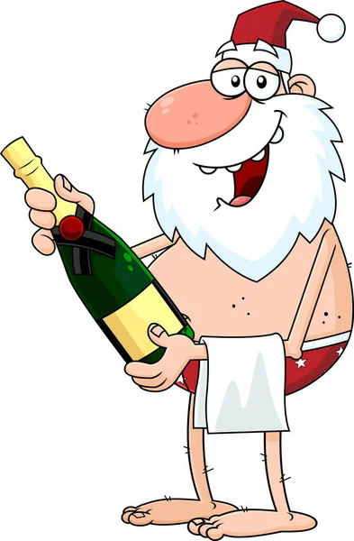 Barevné Kreslené Ilustrace Santa Claus Lahví Šampaňského — Stockový vektor