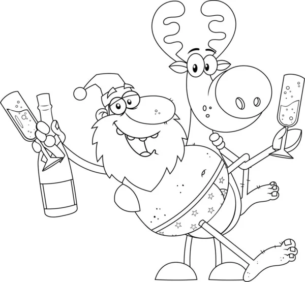 Ilustración Dibujos Animados Blanco Negro Santa Claus Con Botella Champaign — Archivo Imágenes Vectoriales