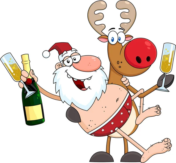 Kreslená Ilustrace Santa Clause Sedícího Jelenovi Držícího Láhev Šampaňského Brýlemi — Stockový vektor