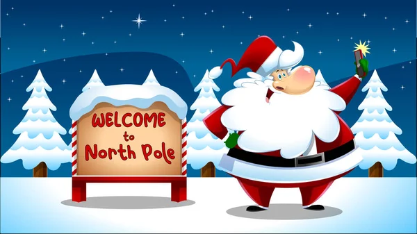 圣诞老人站在路标旁边的卡通画 欢迎来到北极 — 图库矢量图片#