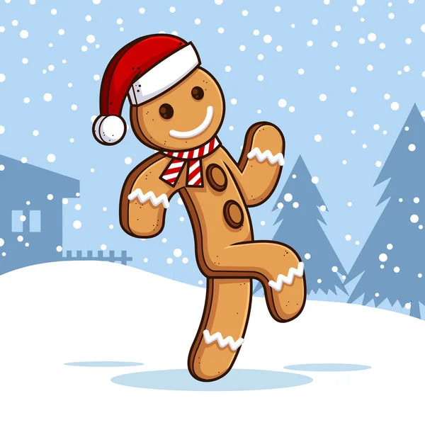 クリスマスジンジャーブレッドマン漫画のキャラクターが実行されます 冬の背景を持つベクターハンドドローイラスト — ストックベクタ