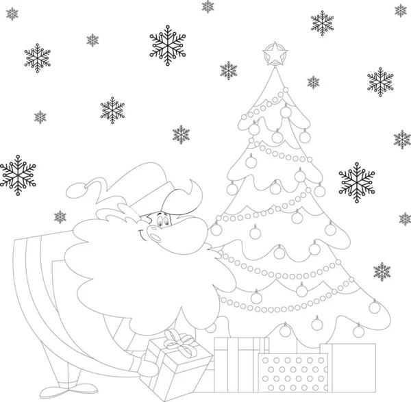 Outlined Santa Claus Cartoon Character Putting Gifts Christmas Tree Vector — Stock Vector