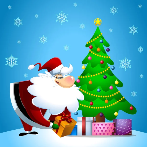 サンタクロース漫画のキャラクターはクリスマスツリーの下に贈り物を置く 冬の背景を持つベクトルフラットデザインイラスト — ストックベクタ