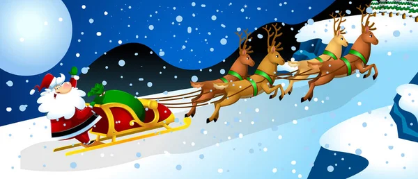 幸せなサンタクロース漫画のキャラクターA Reindersはそりで飛んでいます 冬の背景を持つベクトルフラットデザインイラスト — ストックベクタ